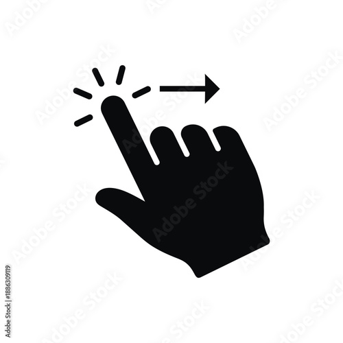 Black solid vector icon of a hand swiping. Features a finger silhouette with a curved arrow, ideal for representing screen rotation, sliding gestures, app navigation, and digital interactions.