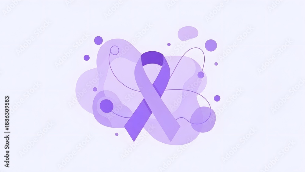 Fototapeta premium Stylized purple awareness ribbon graphic with abstract liquid shapes and flowing lines on clean white background for cause support