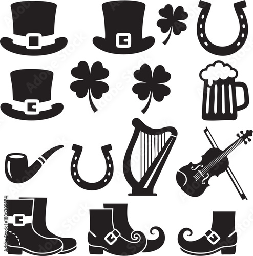 St Patrick’s Day Irish Symbols and Music Silhouette Icon Set