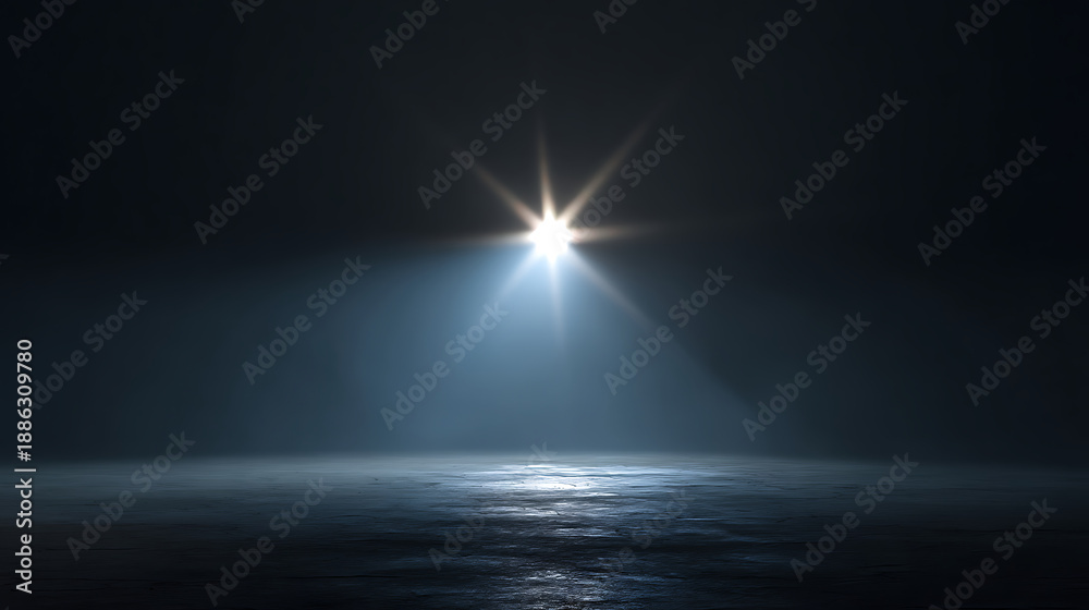 Obraz premium Bright Starburst Light Spotlight Effect on Dark Reflective Surface