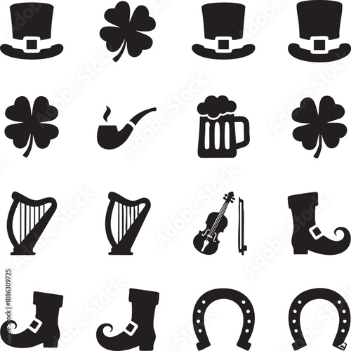 St Patrick’s Day Irish Symbols and Music Silhouette Icon Set