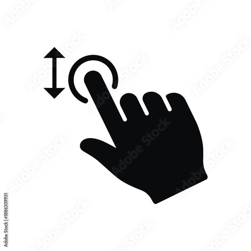 Black solid vector icon of a hand swiping. Features a finger silhouette with a curved arrow, ideal for representing screen rotation, sliding gestures, app navigation, and digital interactions.