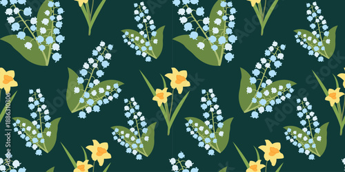 Floral Seamless Pattern with Lilies of Valley and Narcissus on Green Background. Seamless Pattern with white and Yellow Flowers. Vector illustration Template for Textiles Packaging Backgrounds.
