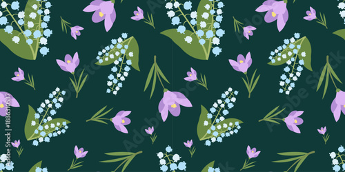 Floral Seamless Pattern with Lilies of Valley and Crocus on Green Background. Seamless Pattern with white and Violet  Flowers. Vector illustration Template for Textiles Packaging Backgrounds.