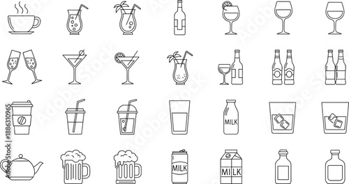 Outlined icons of beverages and containers including coffee, cocktails, milk, beer, and water in varied styles