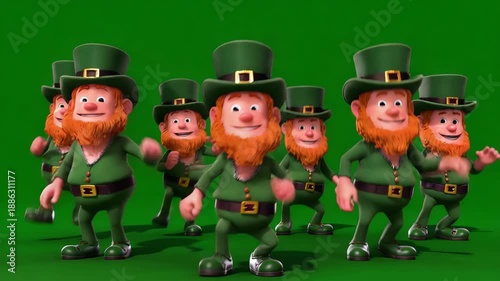 3D cartoon leprechaun dancing jig animation on solid green background