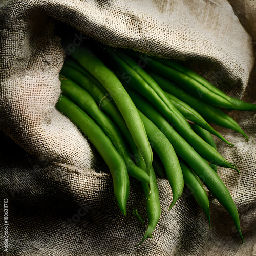 Fresh Green Beans In Rustic Fabric Sack