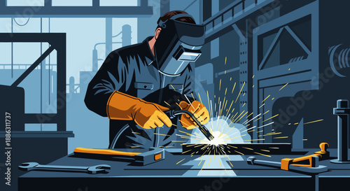Industrial worker in protective gear performing welding in a factory, vector illustration