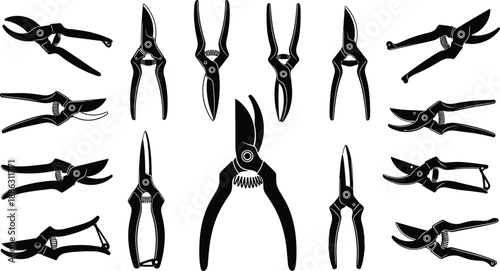 Vector set of black garden pruning shears and secateurs silhouettes isolated on white background for farming agriculture and horticulture hand tool equipment collection.