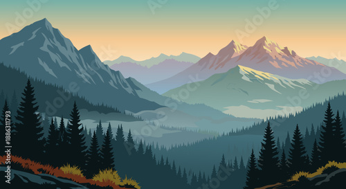 Serene Mountain Landscape Vector Illustration with Lush Pine Forests and Golden Hour Hues