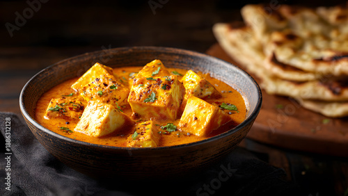 Delicious paneer butter masala with fresh herbs and naan bread