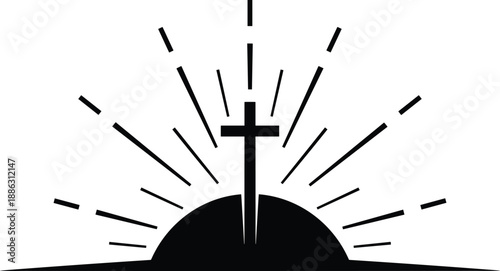 Christian cross silhouette with radiant light rays, minimalist religious symbol illustration, faith hope resurrection concept isolated on white background