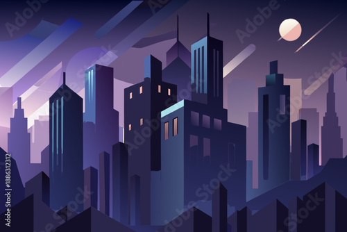 Abstract dark cityscape with layered purple and blue buildings under a moonlit sky skyscrapers