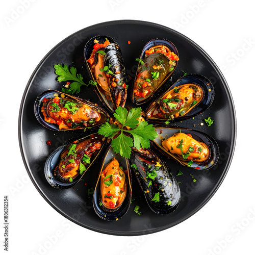 Succulent stuffed mussels (midye dolma) on a dark surface, a classic turkish street food isolated on white background