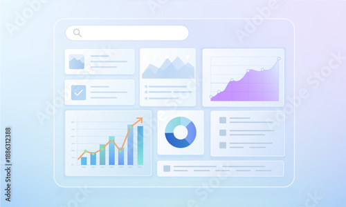 Business analytics dashboard ui with data visualization charts graphs kpi cards and glassmorphism interface for saas fintech marketing web application design