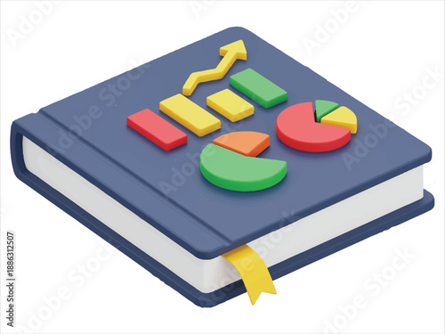 3D illustration of a blue book with colorful charts and graphs on the cover  business and education concept
