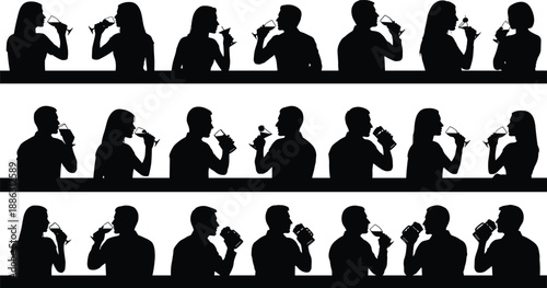 People silhouettes drinking wine at bar, social gathering scenes, black vector illustration showing nightlife, party, celebration isolated on white background
