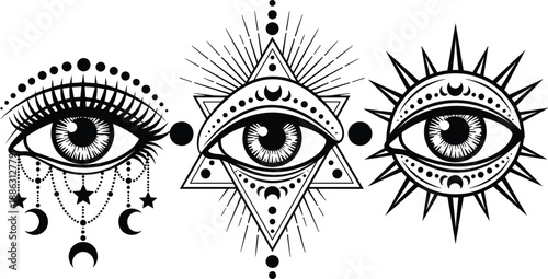 Three mystical eye symbols illustration, sacred geometry, occult boho style, black and white vector design isolated background art print poster