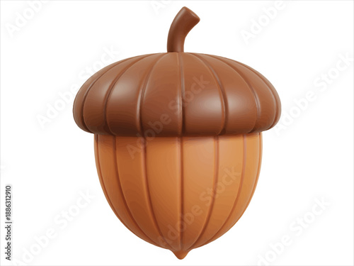 Acorn with brown cap and stem on top isolated on white background