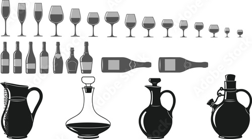 Vector set of black wine glasses bottles and decanter silhouettes isolated on white background for restaurant bar menu design alcohol beverage and drink icons.