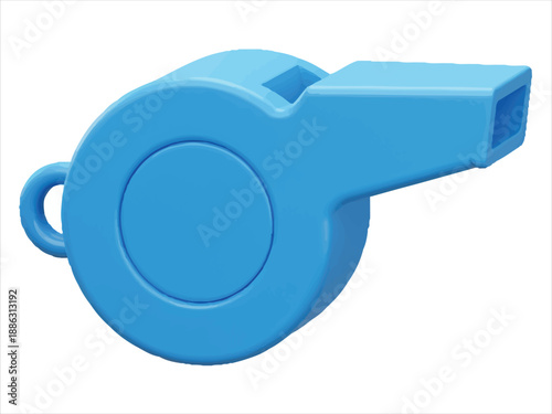Blue plastic sports whistle with ring and rectangular mouthpiece on white background