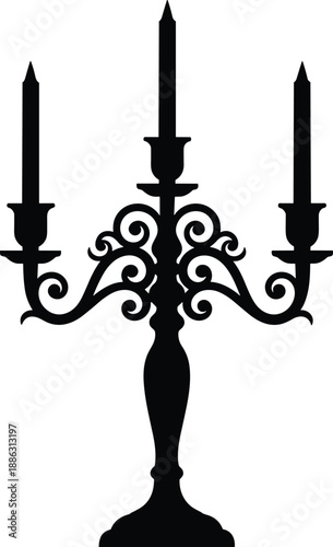 Vintage candelabrum silhouette, ornate candle holder, elegant scrollwork, classical decor, black vector, ceremonial lighting, antique style, formal interior accent