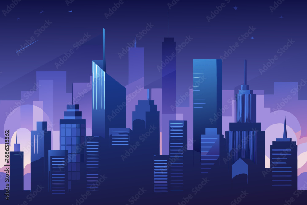Obraz premium Soft Dark City Background Showing Distant Skyscrapers with Blue and Purple Gradient cityscape buildings
