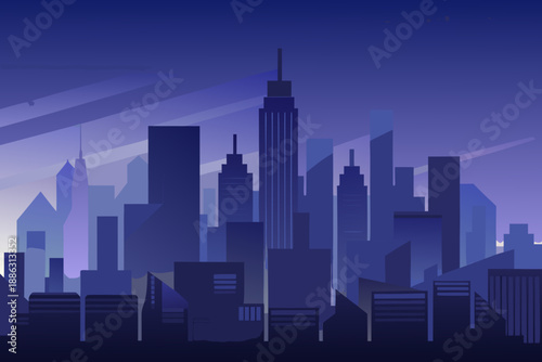 Soft dark city background showing distant skyscrapers and buildings at dusk with blue and purple hues