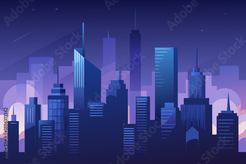 Soft Dark City Background Showing Distant Skyscrapers with Blue and Purple Gradient cityscape buildings