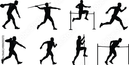Athletics sport silhouette illustration set featuring running, jumping, hurdles, pole vault and javelin actions, dynamic black and white vector artwork