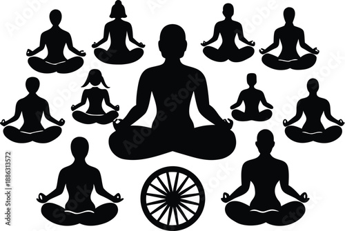 Diverse group of people meditating in lotus position around a dharma wheel
