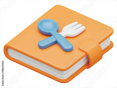 Orange book with spoon and fork on top  isolated on white background