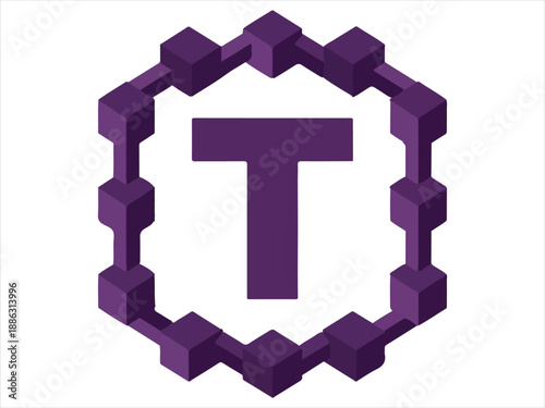 Purple 3D letter T surrounded by cubic shape isolated on white background