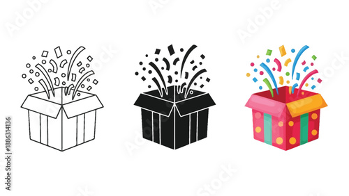 Open gift box with colorful confetti explosion and streamers, set of three styles outline, solid black, and color illustration, perfect for celebration and party themes