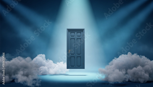 Surreal door standing among soft clouds under dramatic spotlight. Symbolizes dreams, success, spiritual journey, new opportunities, and imagination. Perfect for motivation concepts, business vision,