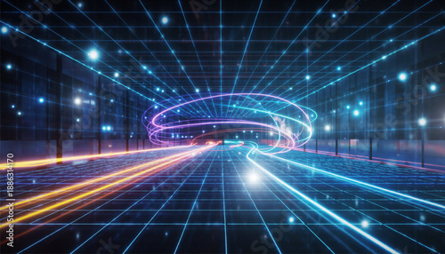 Futuristic digital tunnel with glowing neon lines and motion perspective, representing technology, data flow, speed, and virtual reality. Ideal for backgrounds, innovation concepts, AI themes, cybersp