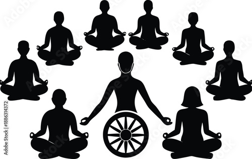 Group meditation session with a central figure and a dharma wheel