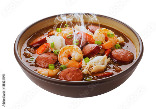 Hearty bowl of gumbo with shrimp, sausage, and crab, steaming, isolated