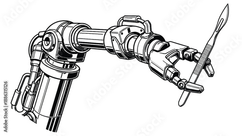 Robotic manipulator arm illustration depicting precision mechanical robotics for surgical or industrial automation, technology asset management and engineering investment vector illustration