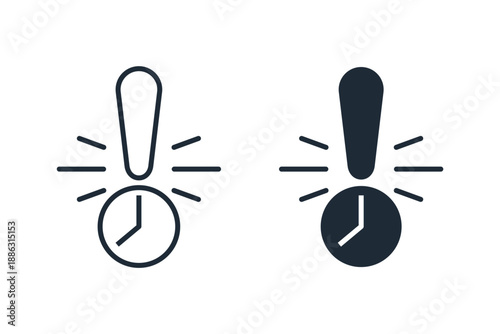 Exclamation mark, clock, time. Alert timer. Vector linear icon illustration isolated on white background.