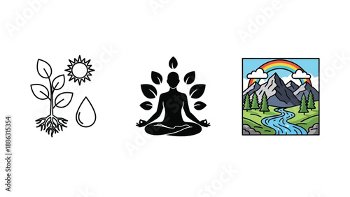 Set of nature and wellness icons plant growth, meditation silhouette and mountain landscape with rainbow