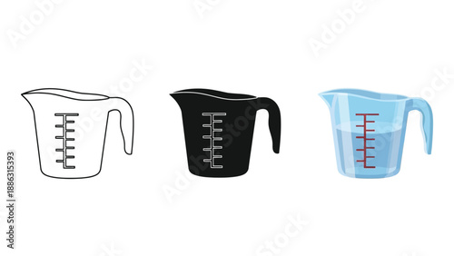 Set of three measuring cups in different styles outline, silhouette and translucent blue with markings