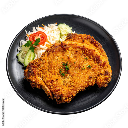 Appetizing chuleta valluna a seasoned and breaded pork chop representing colombian cuisine isolated on white background for marketing use