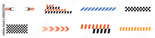 Racing patterns and arrow icon set for speed and competition themes. checkered flag designs, racing stripe speed, decal patterns, dynamic lines symbol. vector illustration.