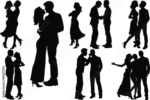 Silhouettes of couples in romantic poses and interactions
