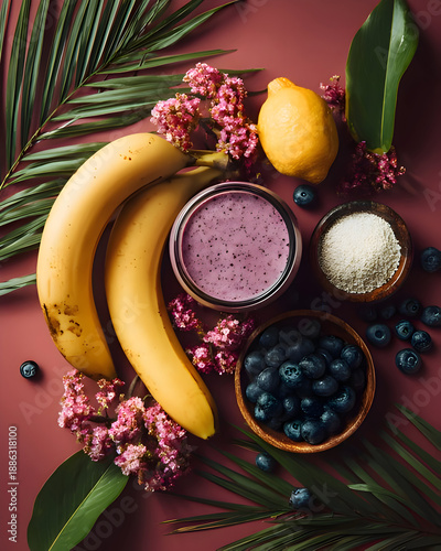 Colorful Healthy Fruit Smoothie Bowl Flat Lay