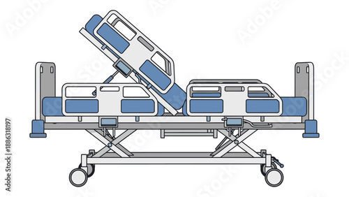 Adjustable hospital bed illustration showing electric mechanism and patient positioning for acute care, facility investment and medical equipment asset management vector illustration
