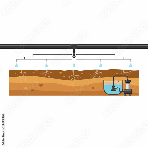 Subsurface drip irrigation system supplying water to soil with plant roots