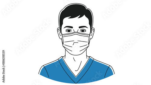 Male healthcare professional wearing surgical mask portrait icon representing clinical staff credentialing, occupational safety and medical workforce management vector illustration