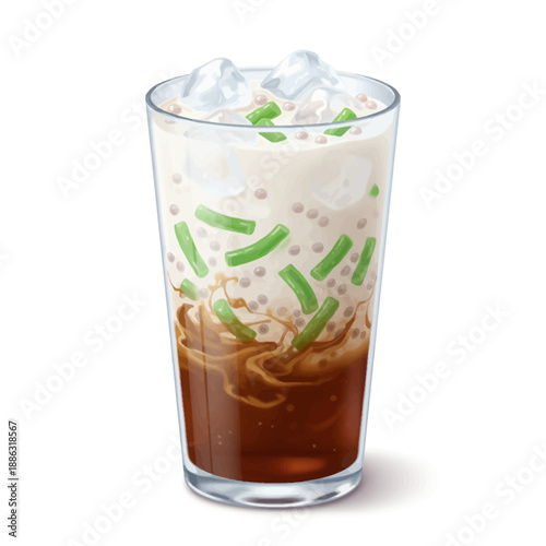 Tall glass of iced Cendol dawetb with brown syrup green jellies pearls and coconut milk